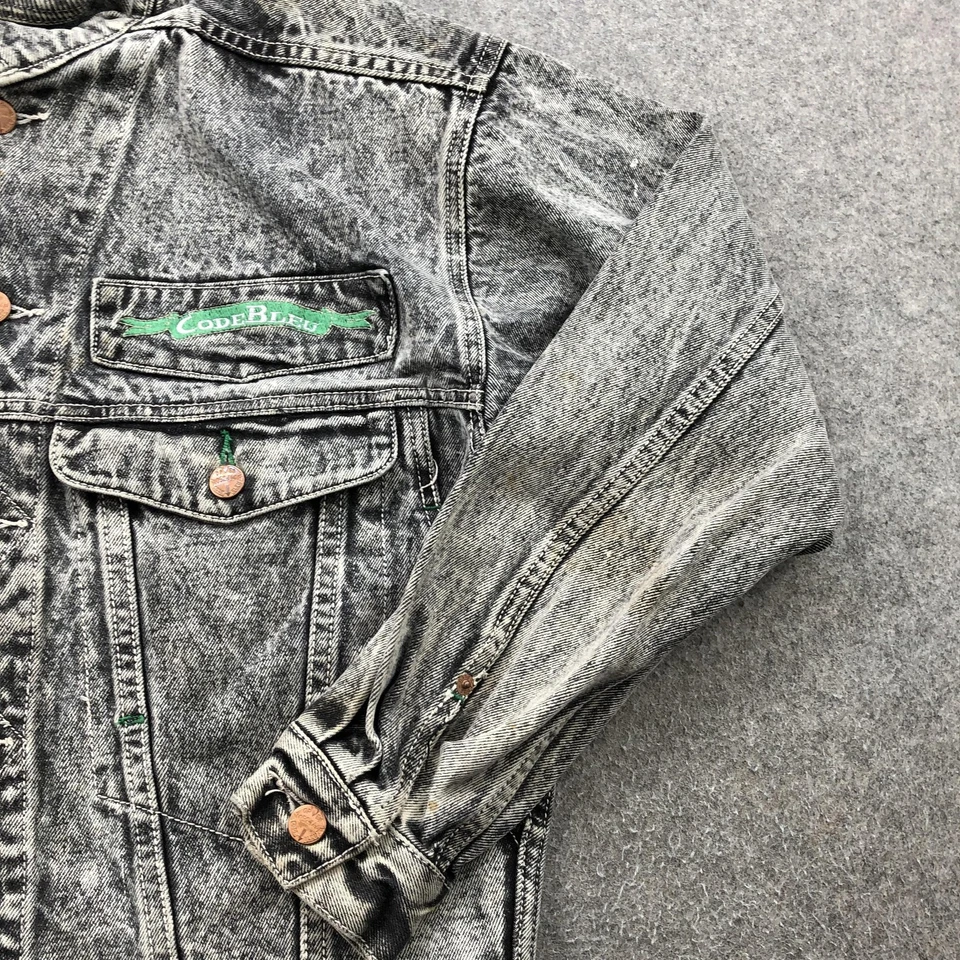 Vintage Code Bleu Jacket Mens Medium Black Acid Wash Denim Corduroy Collar 90s - Image 3 of 4