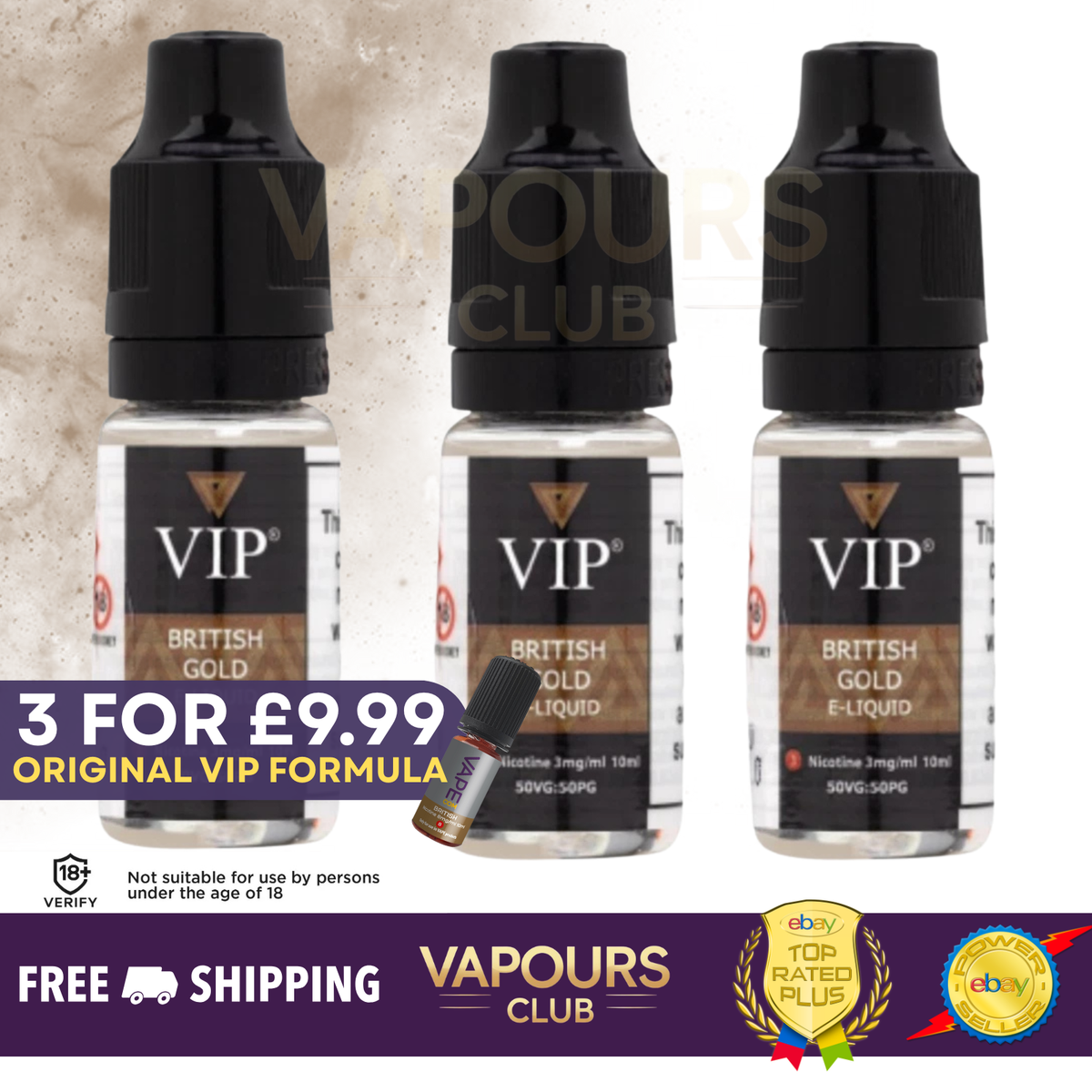 3 x VIP British Gold Tobacco E-liquid (3mg/6mg/12mg/18mg) 50PG/50VG VIP  ELIQUID | eBay UK