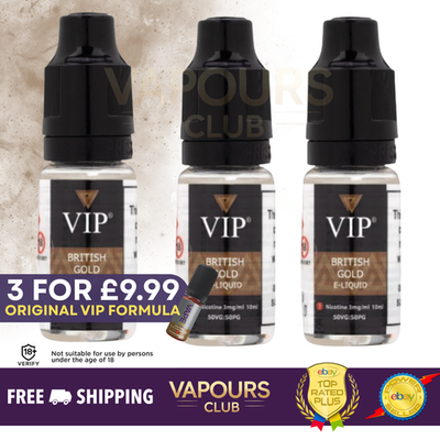 3 x VIP British Gold Tobacco E-liquid (3mg/6mg/12mg/18mg) 50PG/50VG VIP  ELIQUID | eBay UK