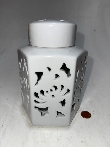 White Cut Out Design Porcelain Lidded Wax Burner Warmer 6.5" Tall - Picture 5 of 5