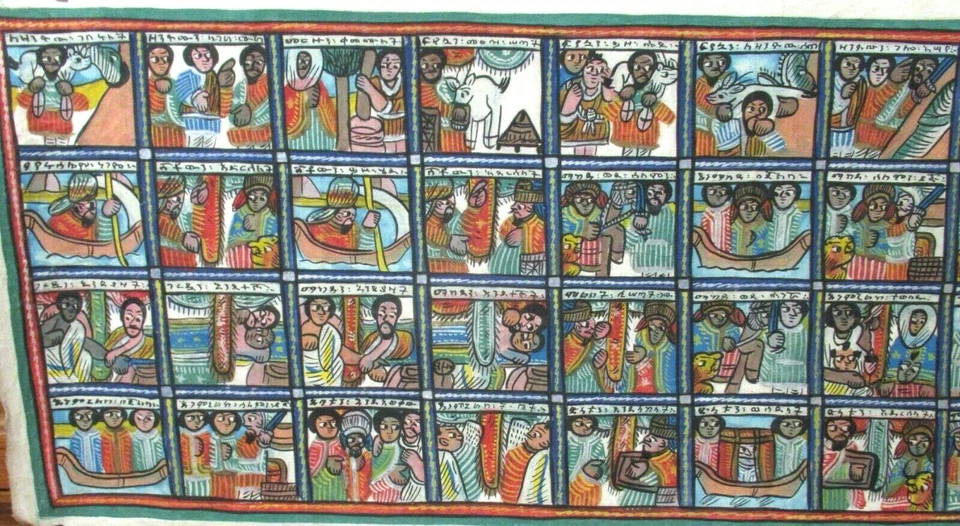 ESCENA DEL PUEBLO ETÍOPE ACRÍLICO SOBRE TELA DE CERA PINTURA FIRMADA  Foto 4 de 4