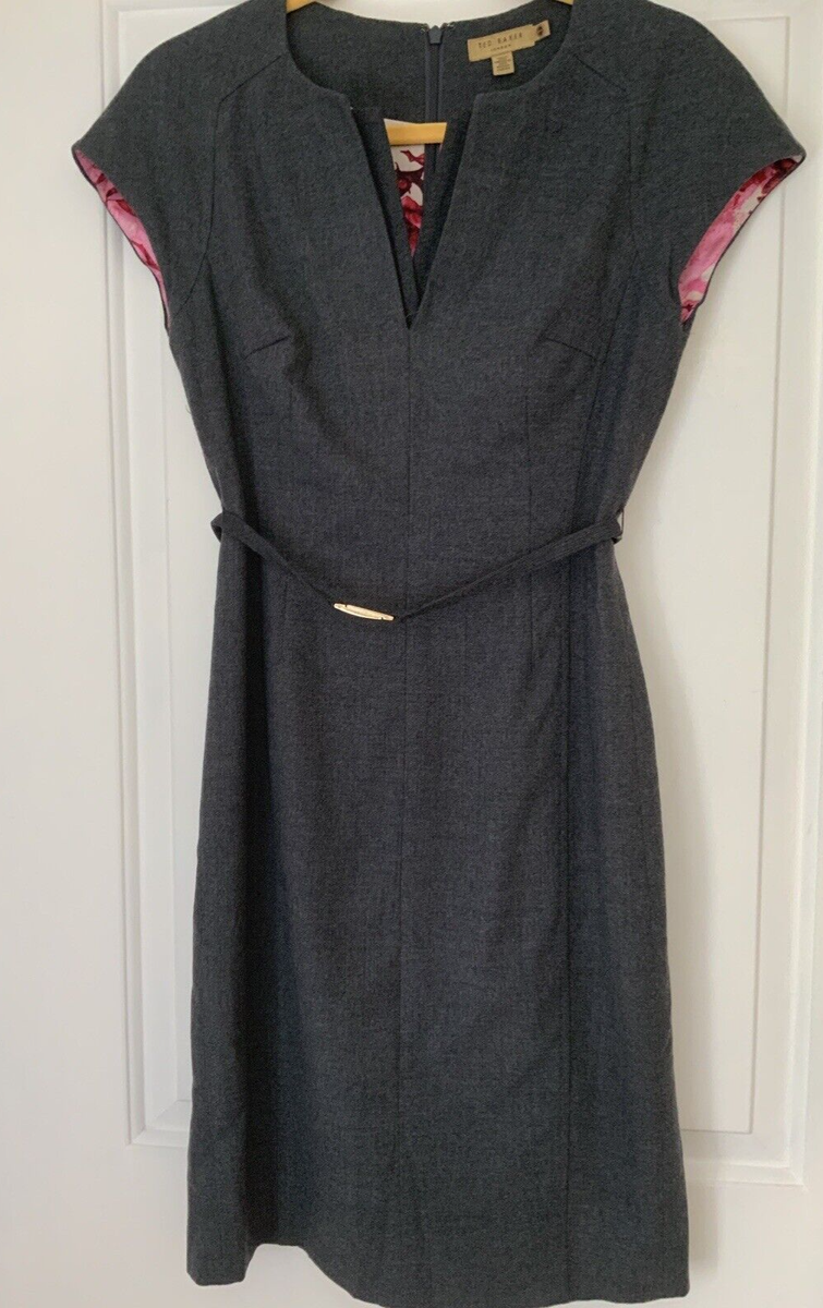 ted baker grey peplum dress Gray Wool Blend US 4 V neck Cap sleeve Belted back luxury dress woman 2025 high quality
