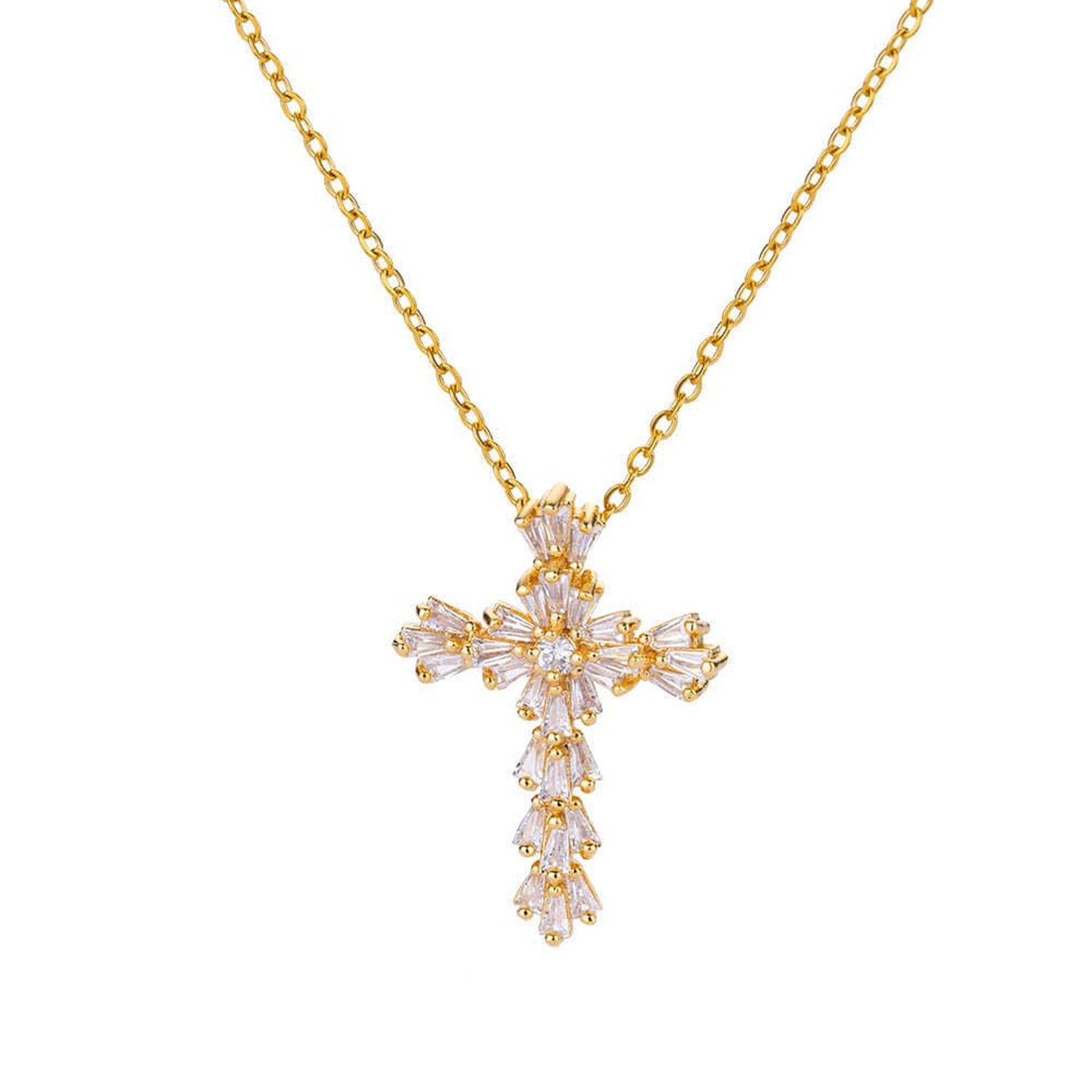 14K Gold Plated Cross Necklace for Women, CZ Cross Pendant Necklace Gold Sunf...