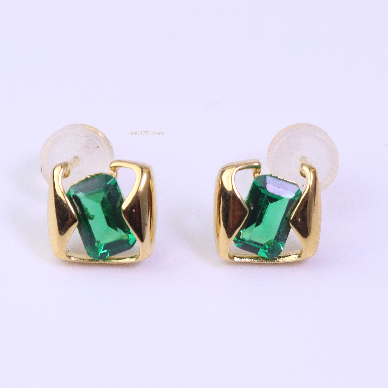 Gold Plated 925 Sterling Silver Geometric Emerald Stud Earrings