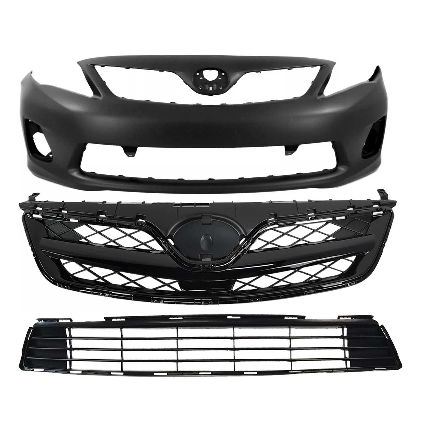 For 2011-2013 Toyota Corolla Front Bumper Cover Upper Lower Grille Glossy Black