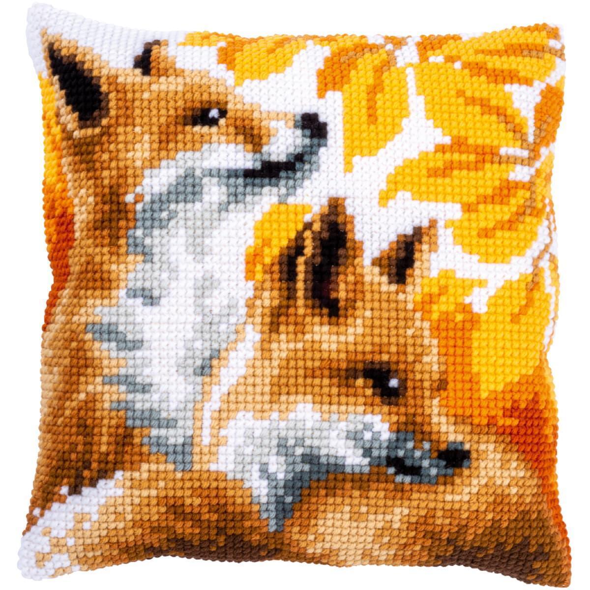 Vervaco stamped cross stitch kit cushion ""foxes in autumn"", 40x40cm, DIY