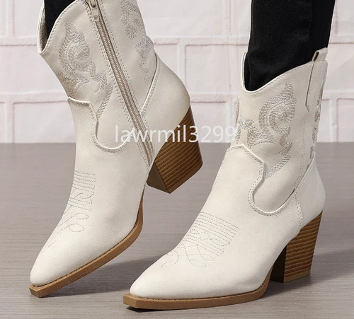 Cowboy Boots Mid Calf Shoes Ladies Zip Heel Western Faux Leather Womens Size UK - Picture 12 of 19