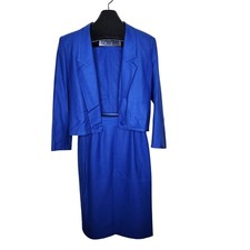 Vintage 80s Louis Feraud Pencil Skirt Set Suit Jacket Womens Small Blue