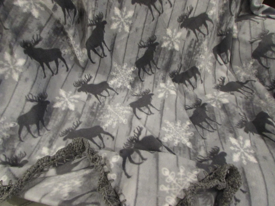 Elk Animal Snowflake Fleece Throw Blanket - Black, Gray with Crochet Edging - Image 3 of 4