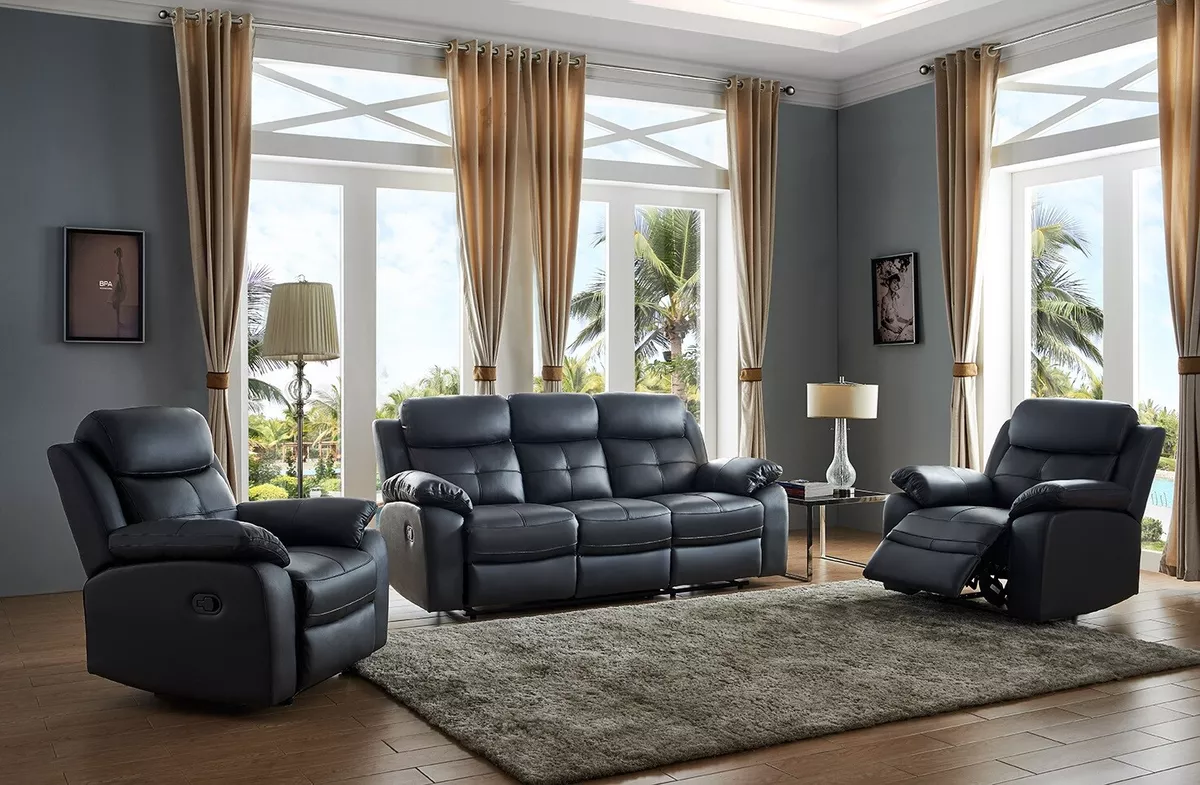 Black Genuine Leather 3 Seater or 2 Seat Armchair Recliner Sofa