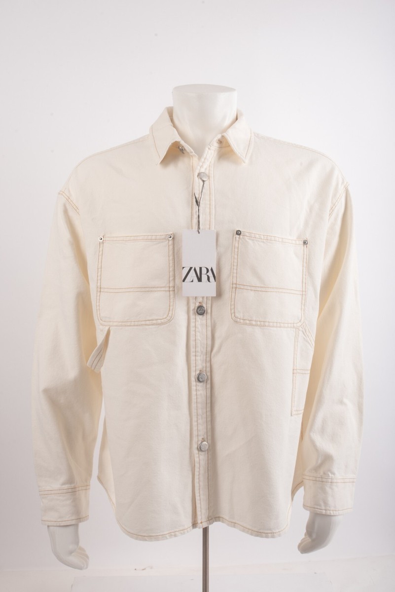 ★ZARA★ OVERSHIRT WITH CONTRAST TOPSTITCHING Zara Mens Overshirt Shirt Contrast Topstitching XL Off White