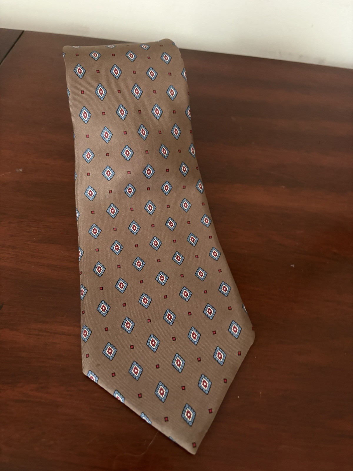Christian Dior Monsieur Men’s Tie 100% Silk Made In USA Brown Red Blue Geometric