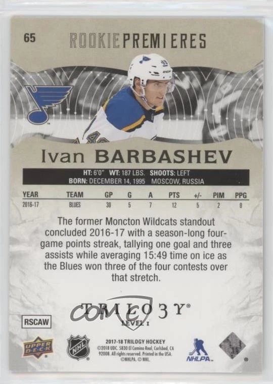 2017-18 Upper Deck Trilogy Premieres Level 1 /999 Ivan Barbashev #65 Rookie RC - Image 2 of 2