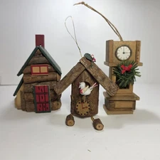 Handmade Wood Ornaments Lot of 3 Log Cabin, Cuckoo Clock, Grandfather Clock