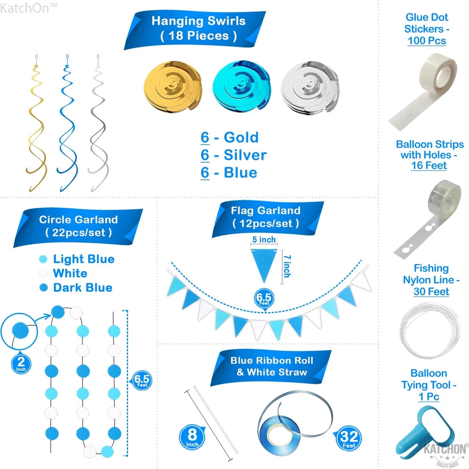 , Juego de Decoraciones de Fiesta Azul - Pack de 164 | Arco Globo Blanco, Azul y Dorado... Foto 4 de 4