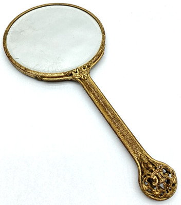 Vtg Antique Victorian Filigree Ornate Gold Tone Hand Mirror Floral Vanity Decor