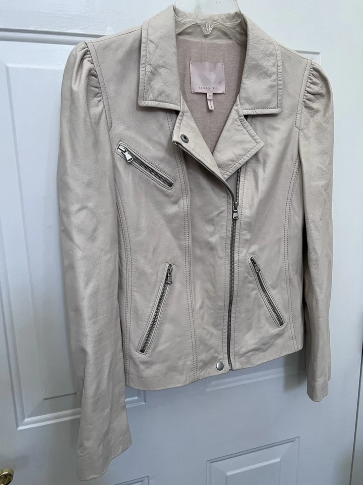 Chaqueta motera de cuero para mujer Rebecca Taylor vainilla talla mediana Foto 4 de 4