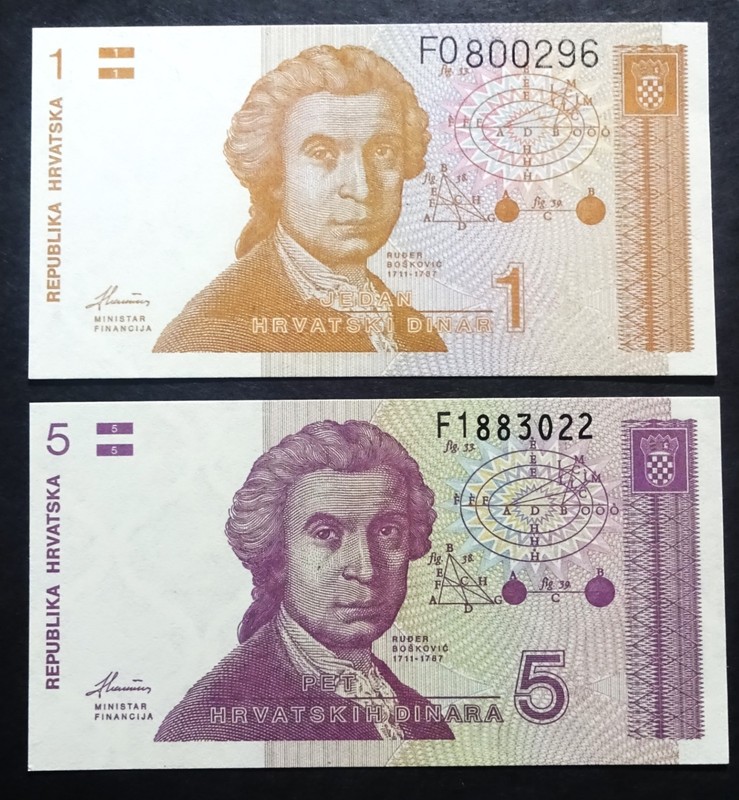 CROATIA, 1991.  1  and 5  CROATIAN DINARA  BANKNOTES,  UNC,