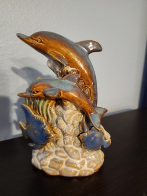 Ceramic Dolphin  Ocean Fish Statue Blue Brown Coastal Figurine 
