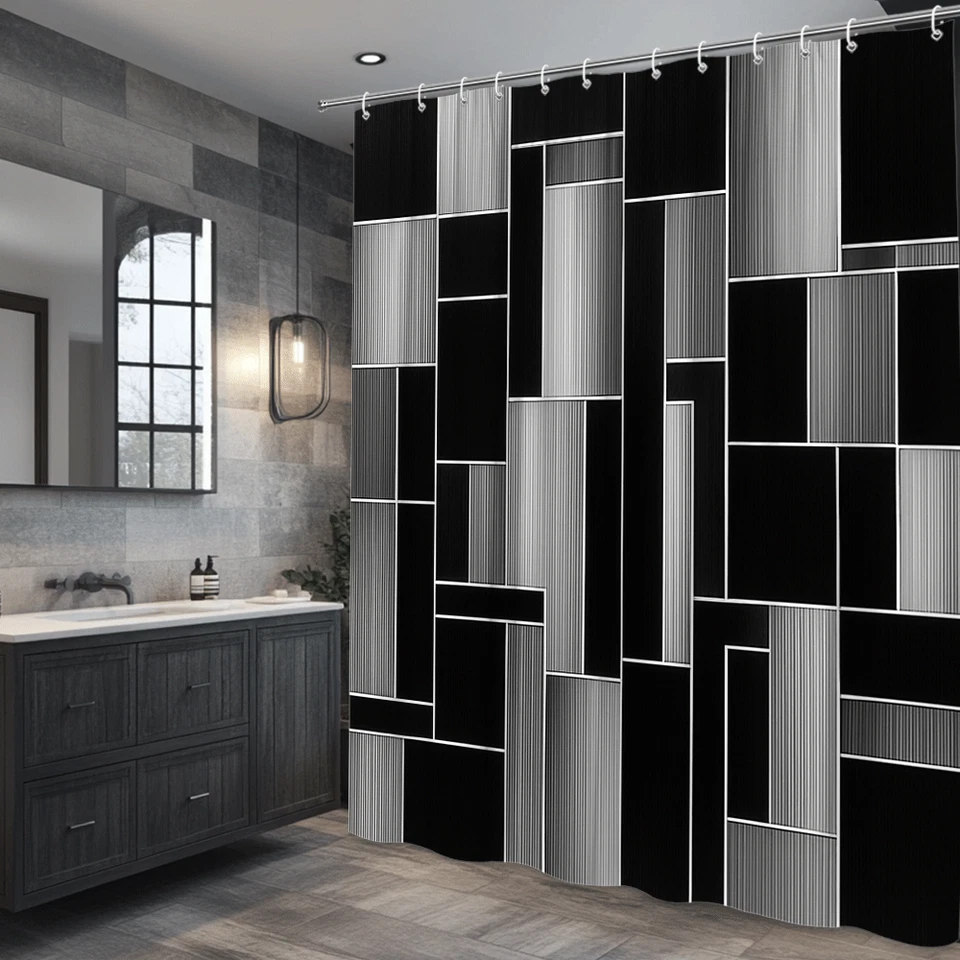 Cortina de Ducha Moderna Blanco y Negro, Elegante Diseño Estampado Foto 4 de 4