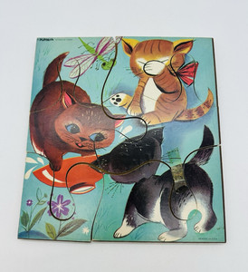 Vintage Playskool Wooden Puzzle Kittens at Lunch *Taped Made in the USA