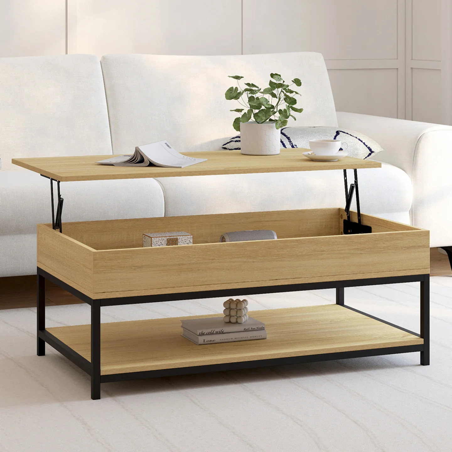 Table basse relevable DETROIT rectangulaire 100 cm avec coffre de rangement intégré - 2