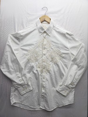 Tommy Bahama Denim White Button Up Dress Shirt Unique Embroidered Linen Sz Large