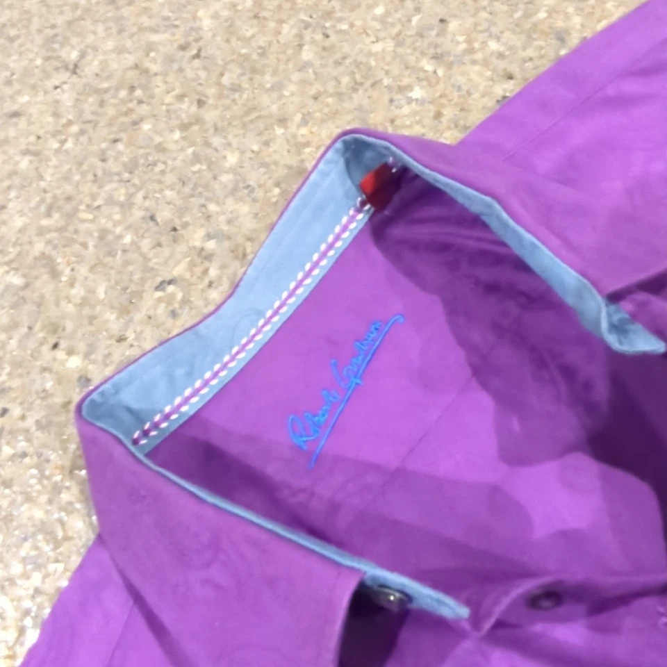 Camisa Robert Graham Para Hombres Talla 2XL Cachemira Púrpura Puño Abatible Vestido Abotonado Alto Foto 4 de 4