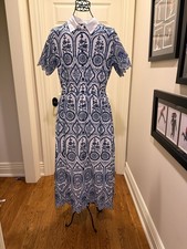 Elie Tahari navy/white/blue midi dress 100% cotton NWT Large MSRP $425