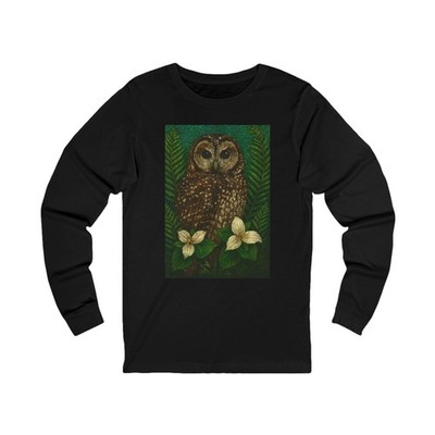 Mosaic Spotted Owl Long Sleeve Tee | Botanical Trillium Nature Night Scene
