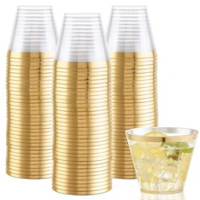 200Pcs 9OZ Clear Cups - Plastic Disposable Cups with Gold Trim, Heavy Duty & ...
