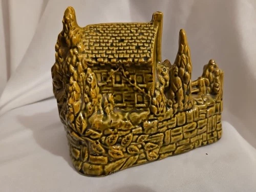 Vintage Shawnee Art Pottery Old Grist Mill House Water Wheel Green Planter #769