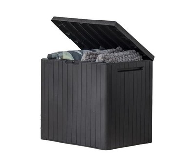 Keter City 30 Gallon Resin Outdoor Storage Box & Side Table, Dark Gray