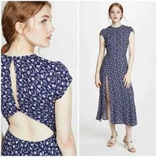 REFORMATION Gavin Navy Floral Midi Dress Open Back Cap Sleeve Size 12