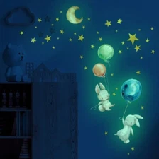 Glow in the dark Cute bunny Animals Wall Stickers peel and stick decal for kids