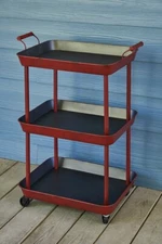 PRIMITIVE DISTRESSED RED 3-TIER ROLLING UTILITY BAR SERVING CART BY PARK DESIGN