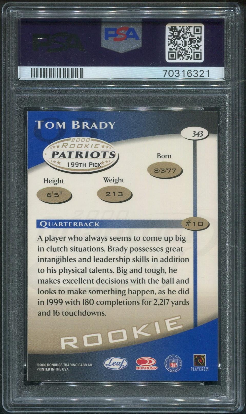 2000 Quantum Leaf Football #343 Tom Brady Rookie PSA 8 (NM-MT) - Picture 2 of 2