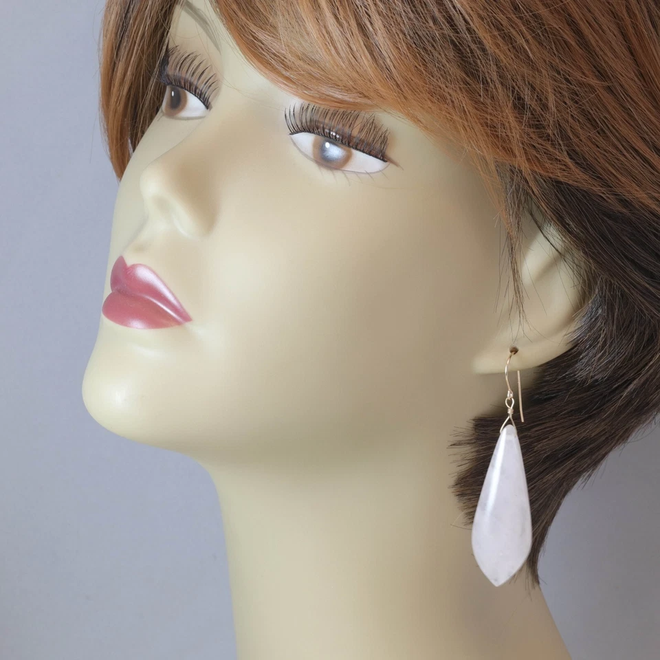 Pendientes de cuarzo rosa X grandes gotas lisas rosa oro macizo de 14 k de ley de 2,5" Foto 4 de 4