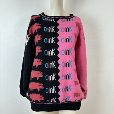Vtg Sally s Woollies Pig Jumper Sweater Scotland 100% Wool Hand Knit 80s Pink