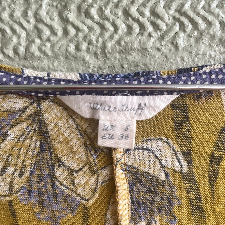 White Stuff Floral Top UK 8 Linen Yellow Long Sleeve Scoop Neck Stretch
