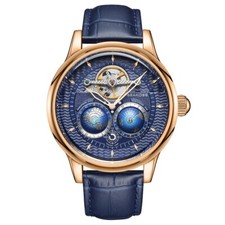SEAKOSS Men's Automatic Watch World Time Blue Dial Rose Gold Leather Strap