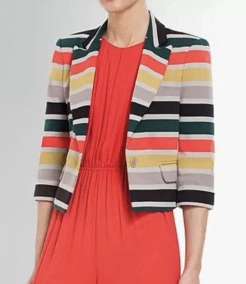 $268 BCBGMAXAZRIA Natalia Striped Cropped Blazer Jacket XS Multicolor Knit Ponte