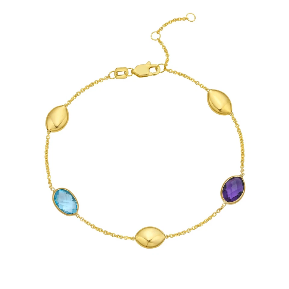 14k Solid Yellow Gold 6-7.5" Multi Oval Gemstone Pebble Link 1.2mm Chain Braclet