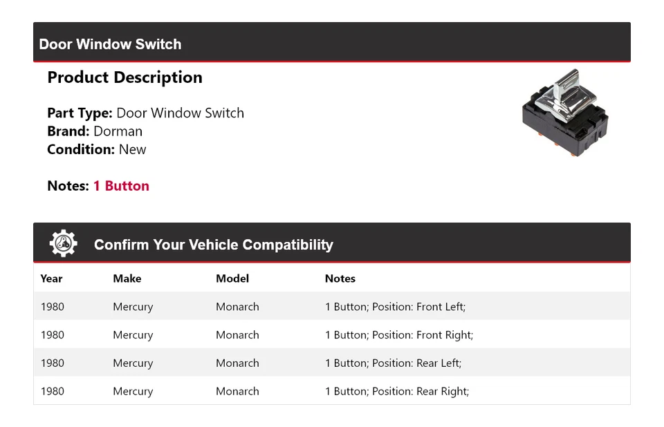 Interruptor de ventana de puerta para Mercury Monarch Dorman 1980 Foto 2 de 4