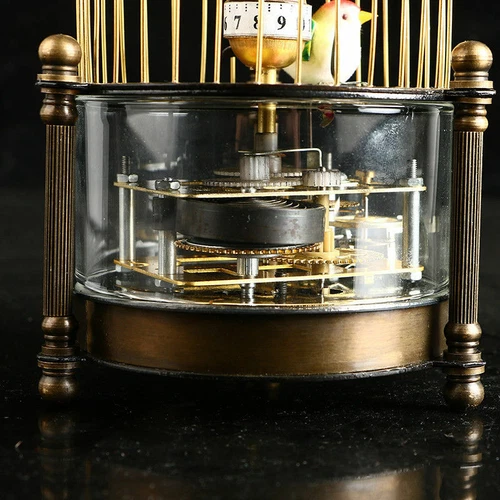 Exquisito reloj mecánico de latón - forma de jaula de pájaros dos pájaros Aroud Moving - Imagen 5 de 7