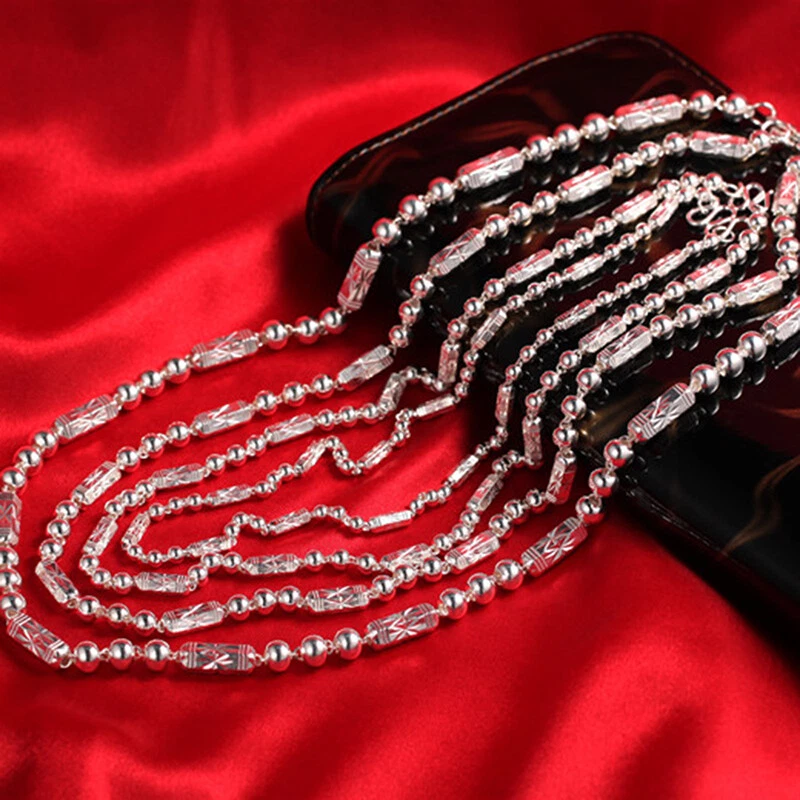 Collar de plata fina pura 999 para hombres y mujeres cadena de eslabones de cuentas largas talladas de 4 mm/7 mm/8 mm Foto 2 de 4