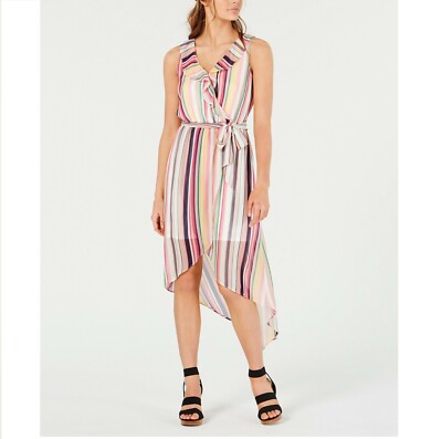 BCX Junior Womens L Pink Stripe Sleeveless Ruffled Collar Faux Wrap Dress NWT
