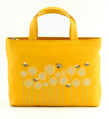 Mala Leather MoonFlower Bee Flower Detail Grab Shoulder Handbag Dust Bag Yellow