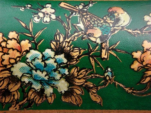 Joyero de madera pintado a mano de pájaros y flores de cuero acabado verde #06212001 Foto 4 de 4