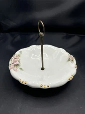 Lefton China hand painted tidbit dish handled #879 pink roses Vintage